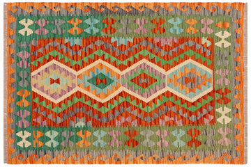 Flat Weave Kilim, Antique, Navaho, Vintage, Handmade, Geometric Kilim Rust Green Hand-Woven Rectangle 100% Wool Area Rug 4 x 5